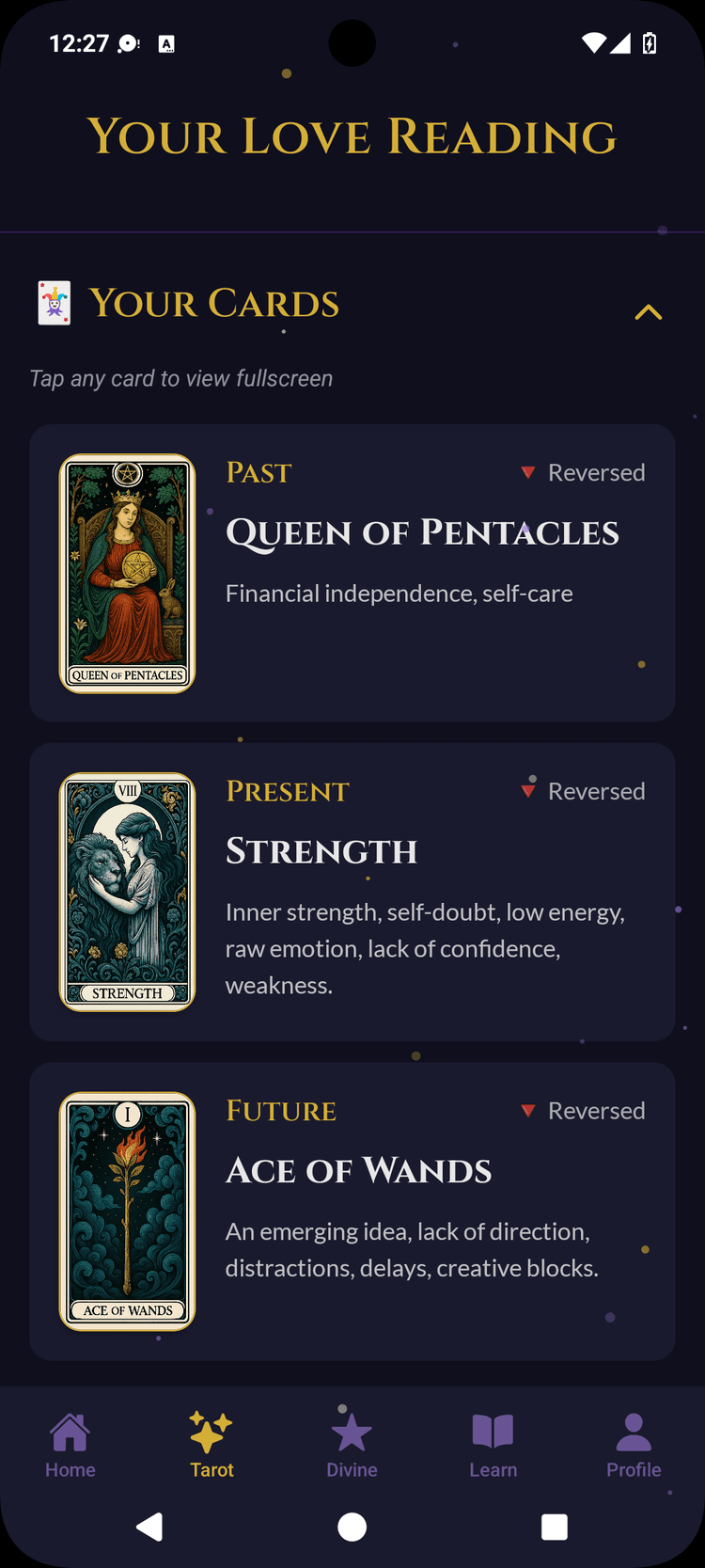Tarot interpretation with detailed card meanings