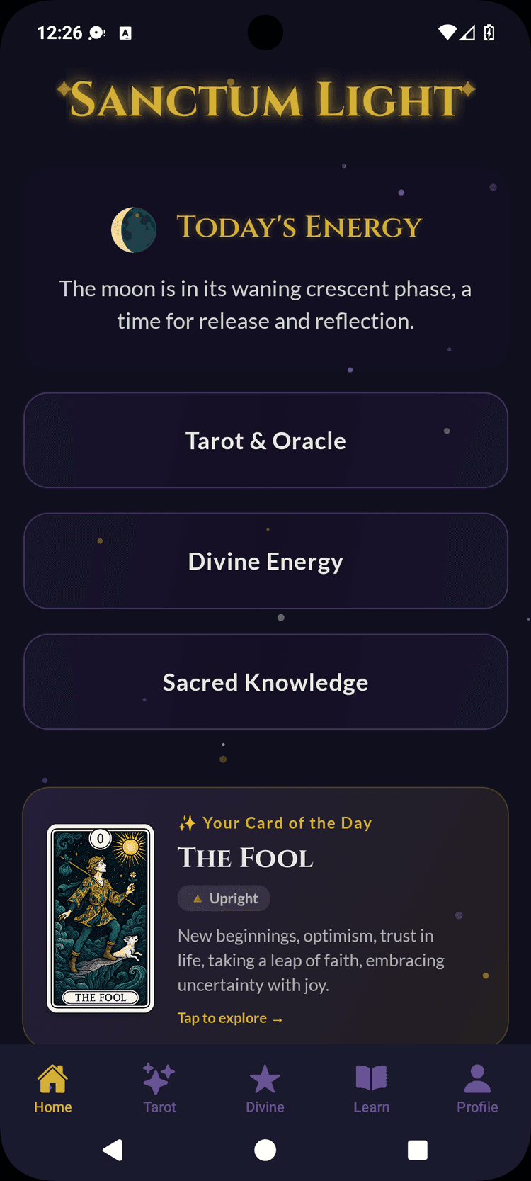 Sanctum Light app home screen